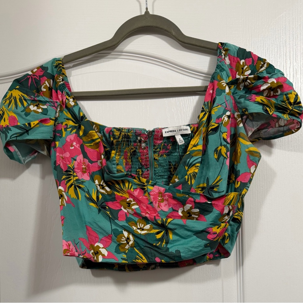 Express Teal Floral Puff Sleeve Crop Top